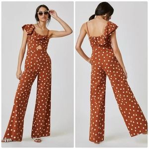 Anthropologie Maeve One-Shoulder Jumpsuit in Bronze Polka Dot